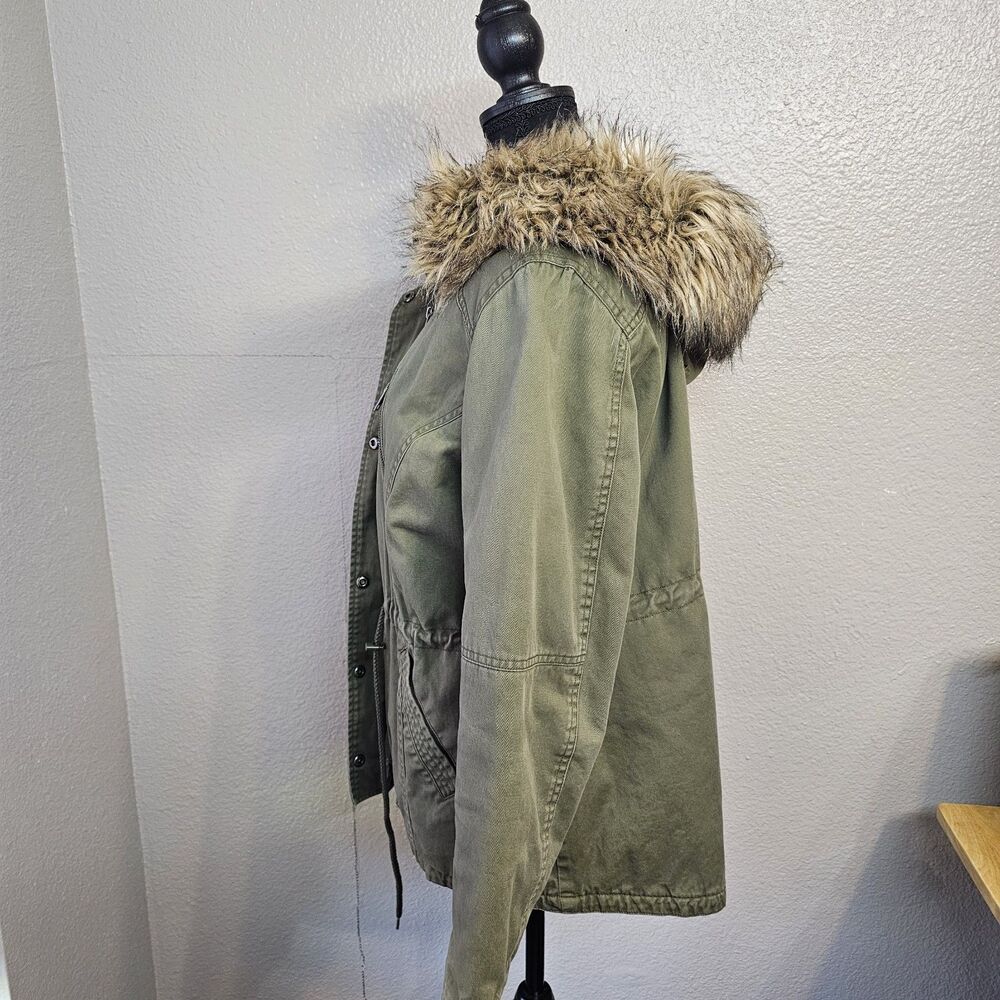 Joe Boxer Women's Olive Green Parka Jacket L Faux Fur Hood Sherpa Utility Cozy - Picture 3 of 11